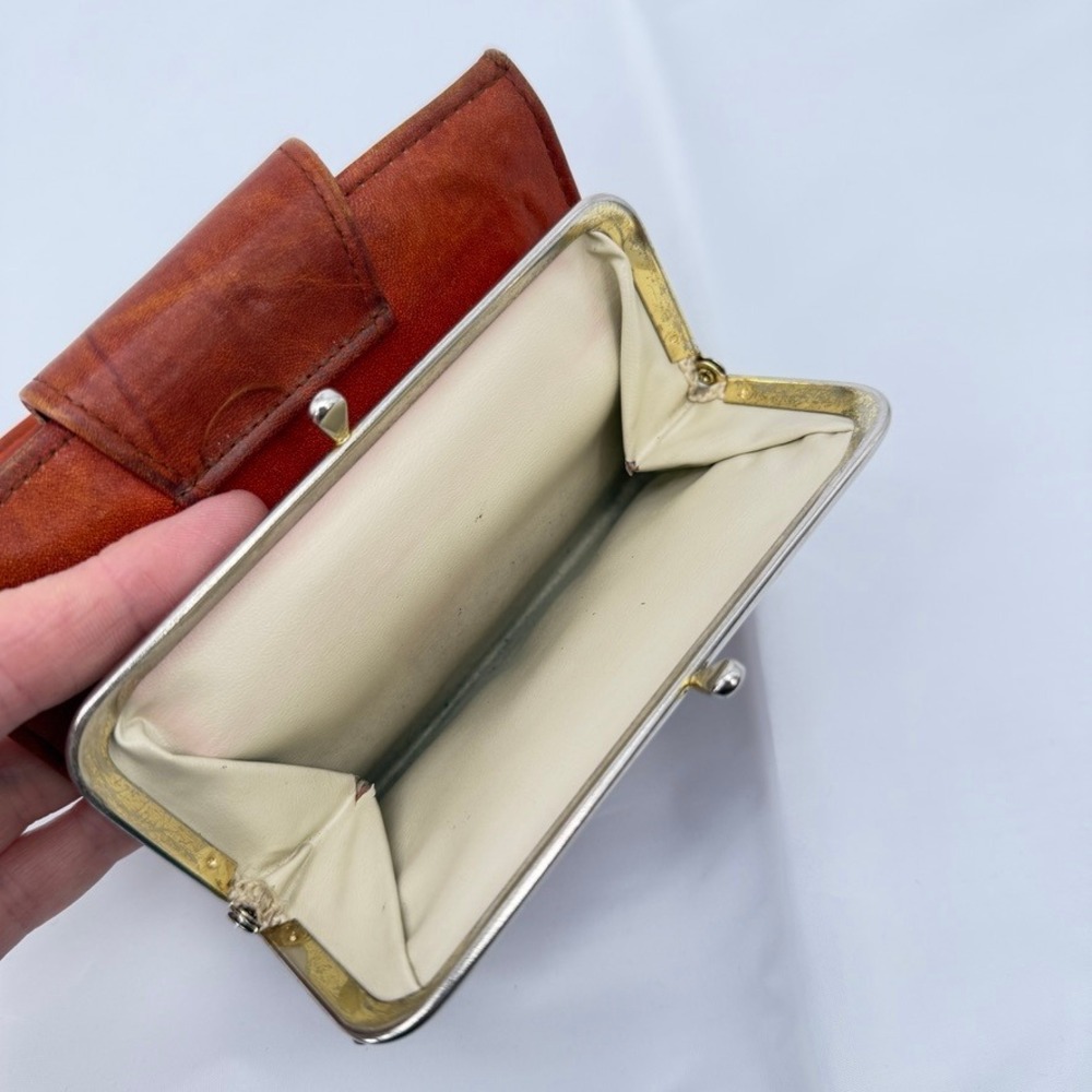 Rolfs Cowhide Wallet VTG Tooled Leather Kiss Lock Brown Retro‎ Photo Flap Womens - Picture 11 of 16